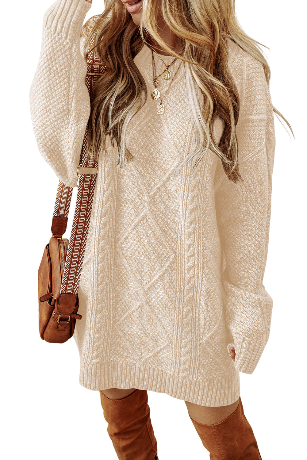 Coffee Twist Cable Knit Drop Shoulder Loose Fit Sweater Dress