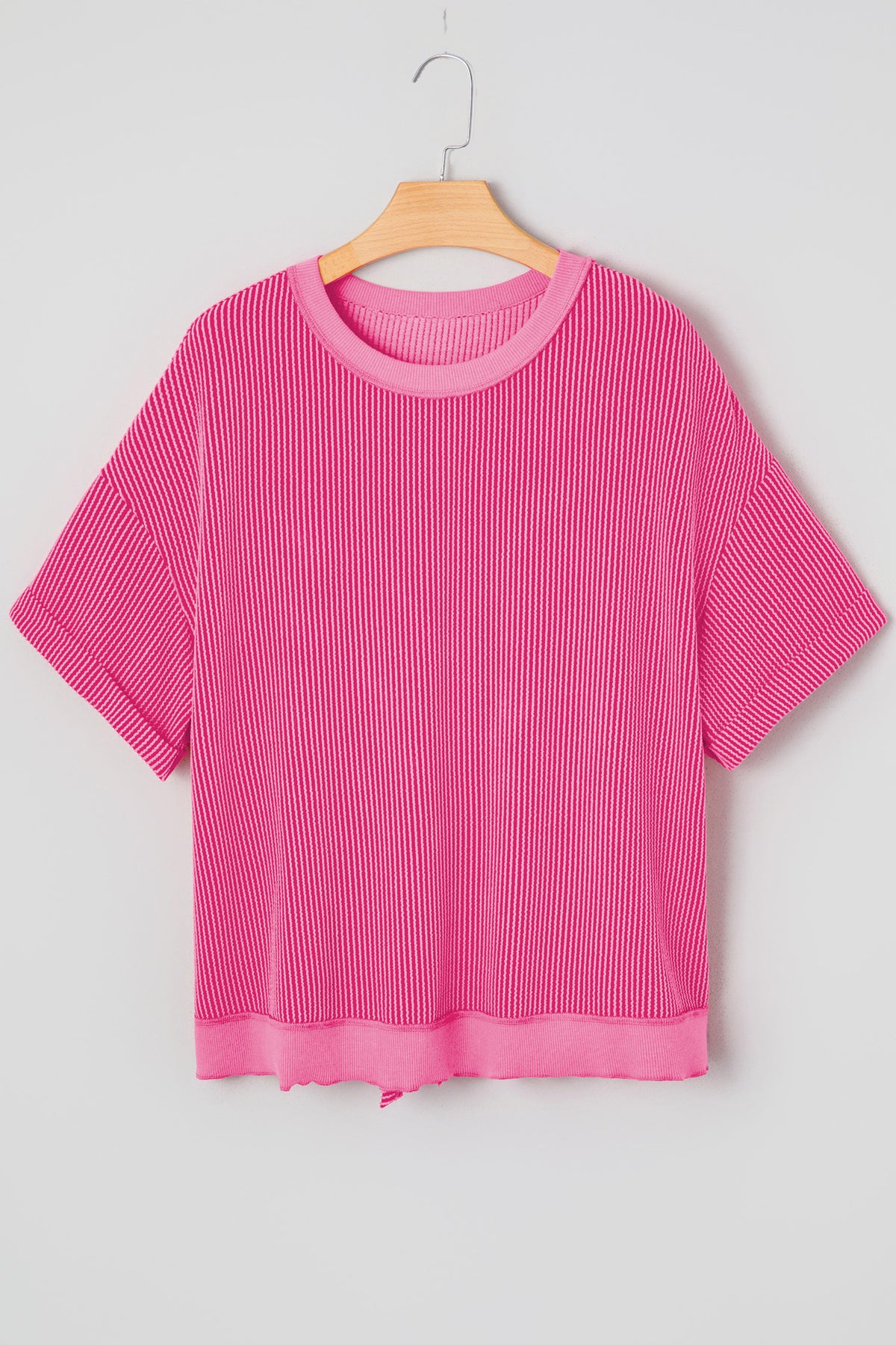Rose Red Spiral Ribbed Cutout Bow Knot Back Oversize T Shirt
