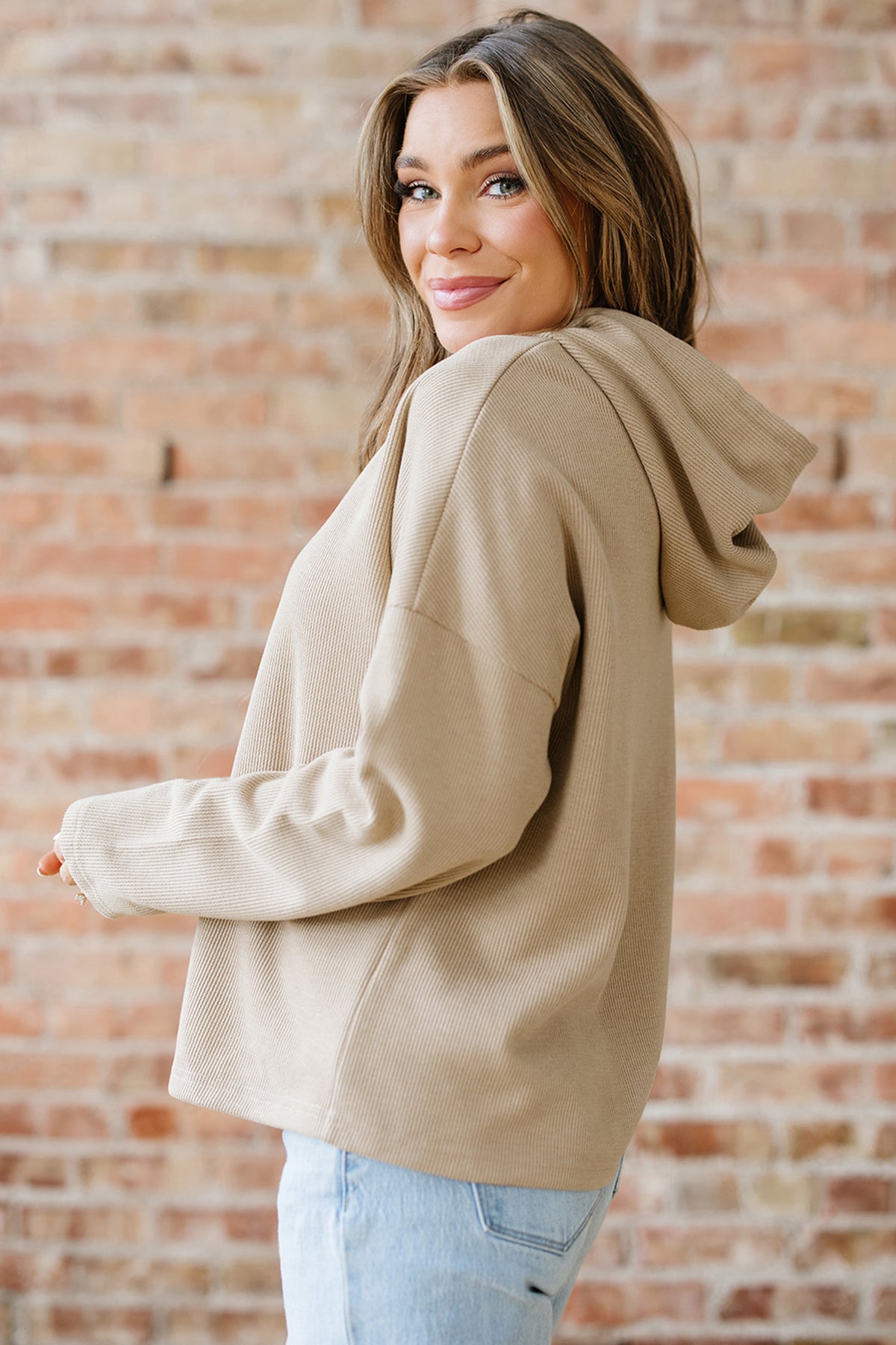Jet Stream Thermal Textured Lace Drawstring Baggy Hoodie