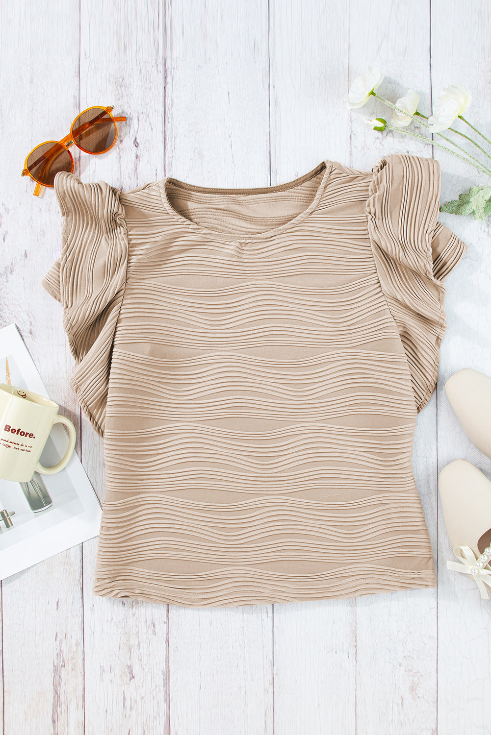 Real Teal Wavy Textured Ruffle Sleeve Top