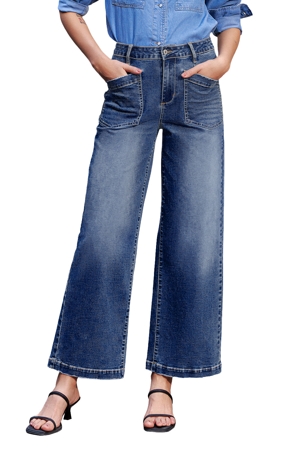 Brown Minimalist Patch Pocket High Waist Shift Jeans