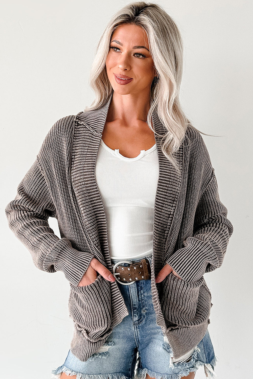 Dark Brown Mineral Wash Exposed Seam Patchwork Knit Cardigan