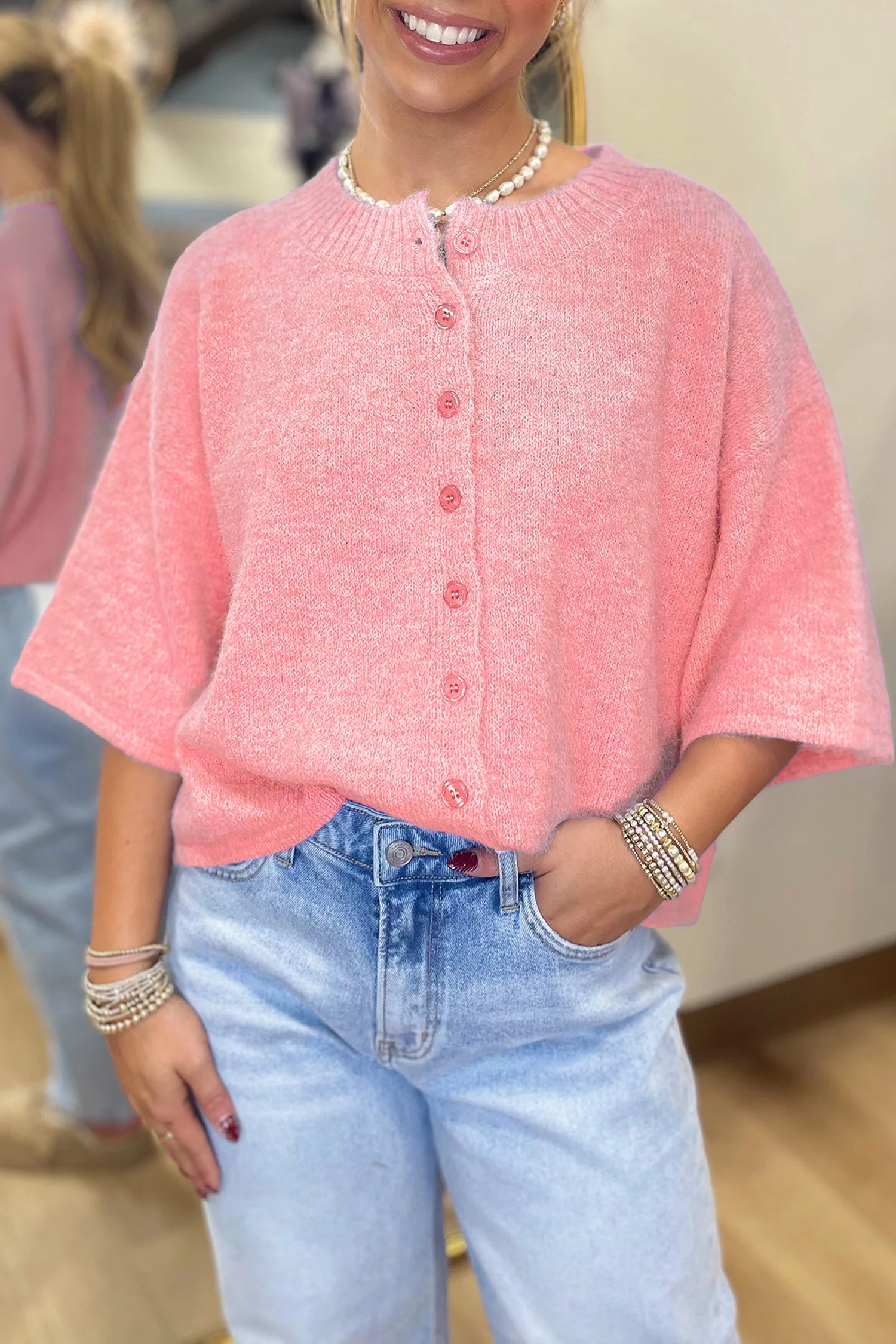 Lavendula 3/4 Sleeve Boxy Knit Button Down Sweater Cardigan