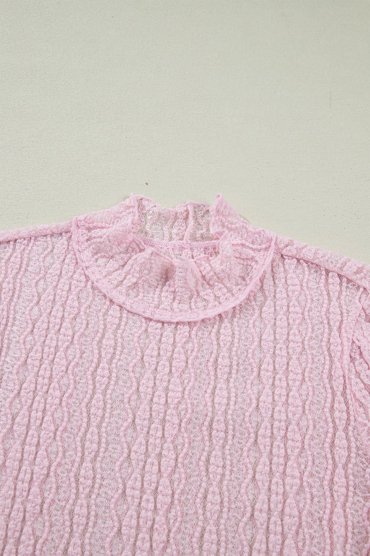 Apricot Flounced Long Sleeve Mock Neck Sheer Lace Top