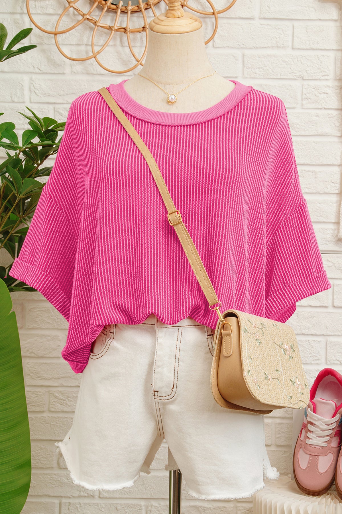 Rose Red Spiral Ribbed Cutout Bow Knot Back Oversize T Shirt