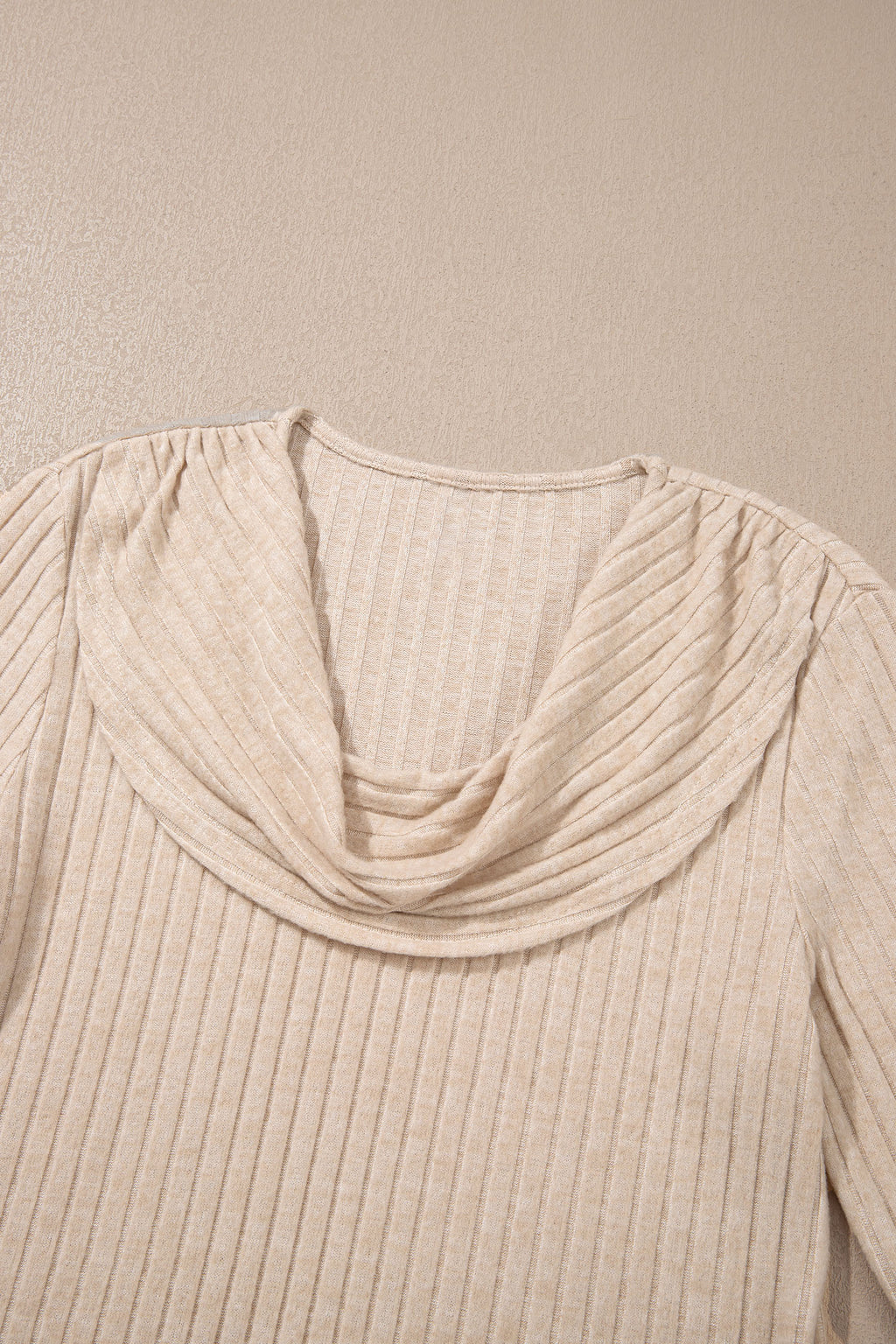 Apricot Solid Color Ribbed Knit Cowl Neck Long Sleeve Top