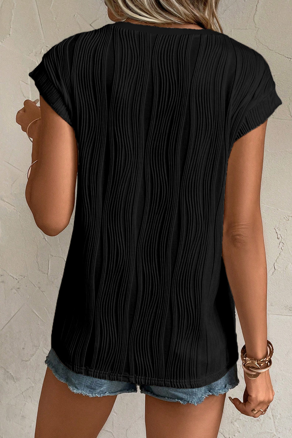 Pink Wavy Textured Button V Neck Tee