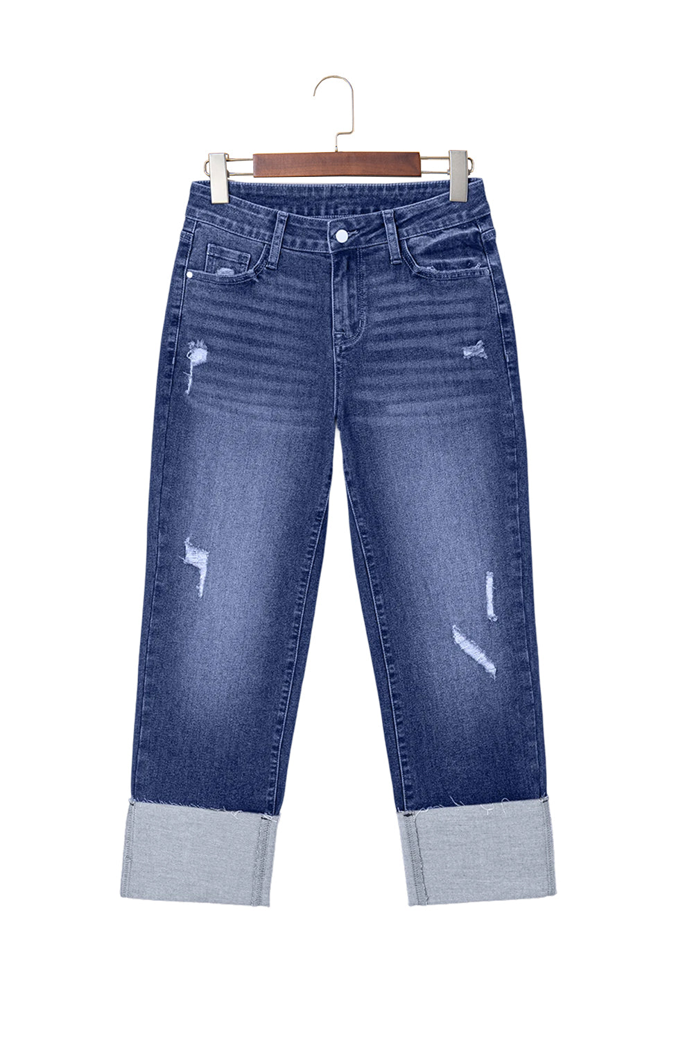 Real Teal Folded Cuffs Distressed High Waist Jeans