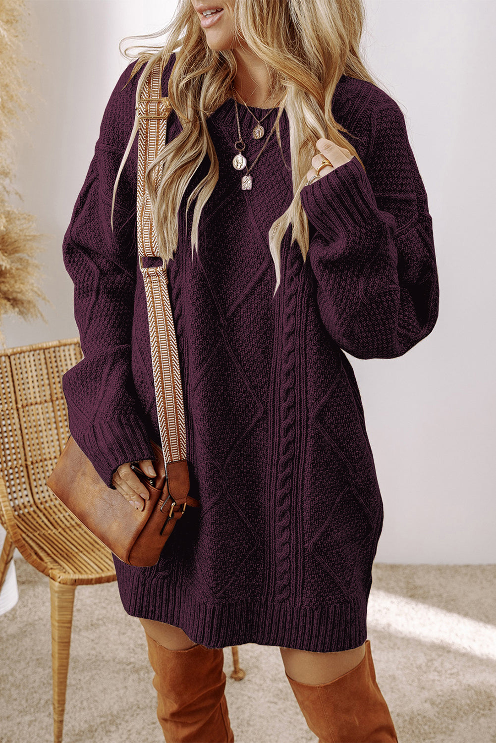 Coffee Twist Cable Knit Drop Shoulder Loose Fit Sweater Dress