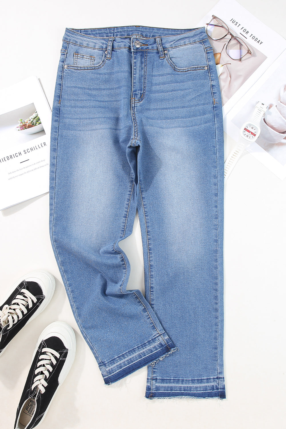 Dark Blue Whiskered Wash Raw Hem Cropped Jeans