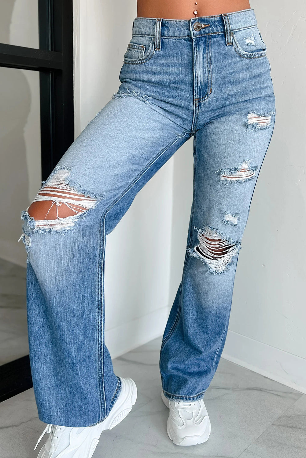 Myosotis Mid Rise Distressed Straight Leg Jeans