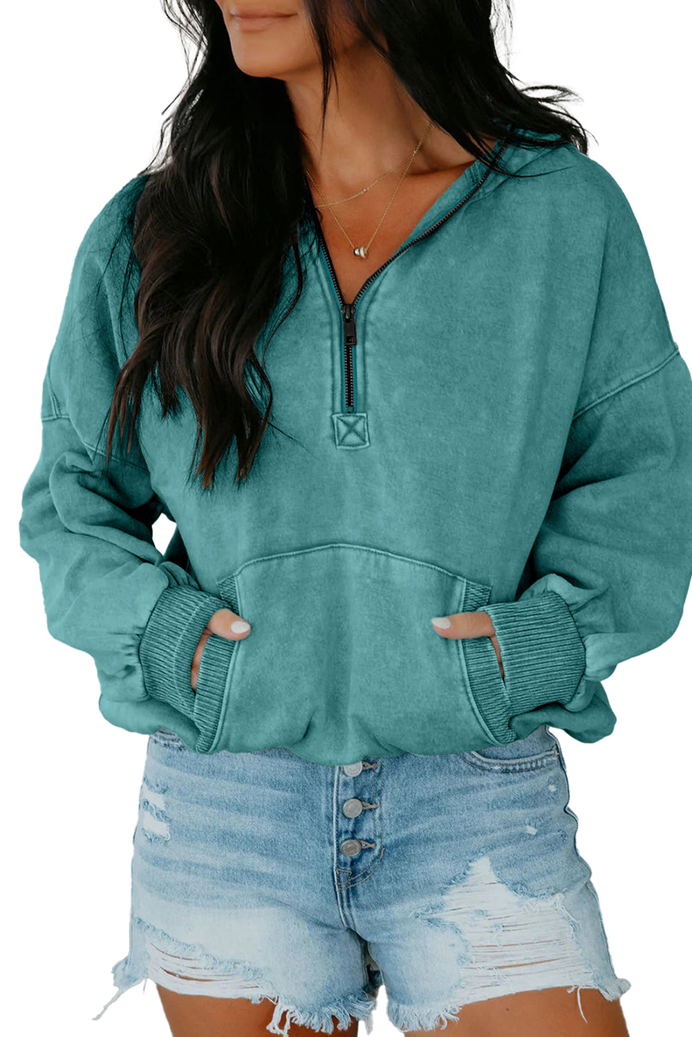 Black Half Zip Kangaroo Pocket Mineral Wash Baggy Hoodie