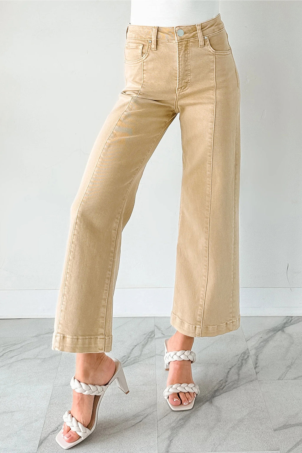 Red Sandalwood Solid Color Seamed Center Wide Leg Cropped Jeans
