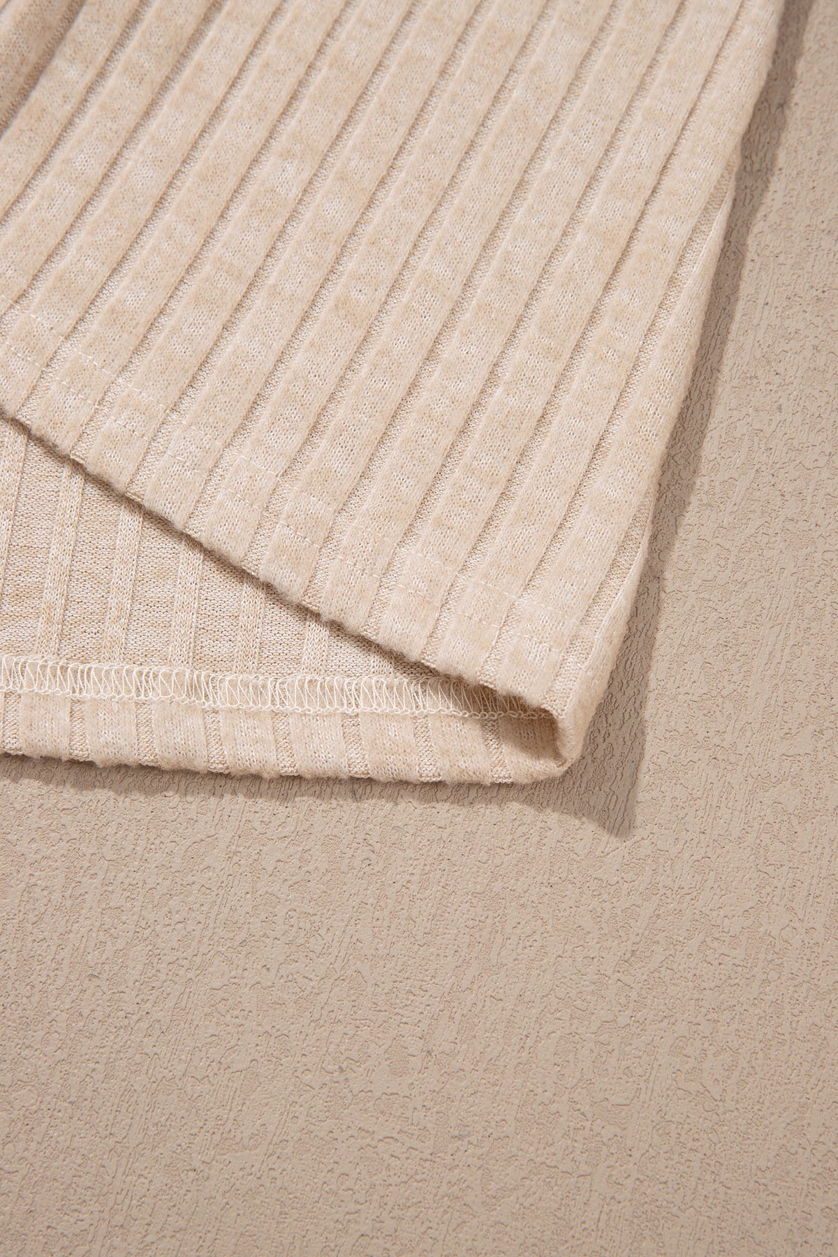 Apricot Solid Color Ribbed Knit Cowl Neck Long Sleeve Top