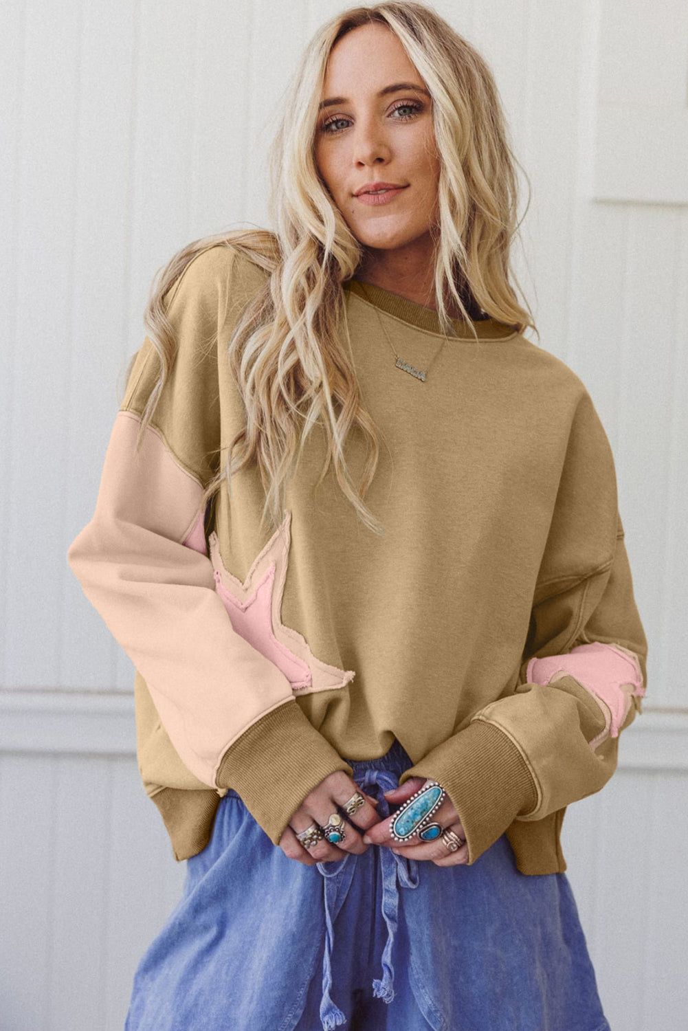 Rose Pink Star Patchwork Exposed Seam Uneven Hem Sweatshirt