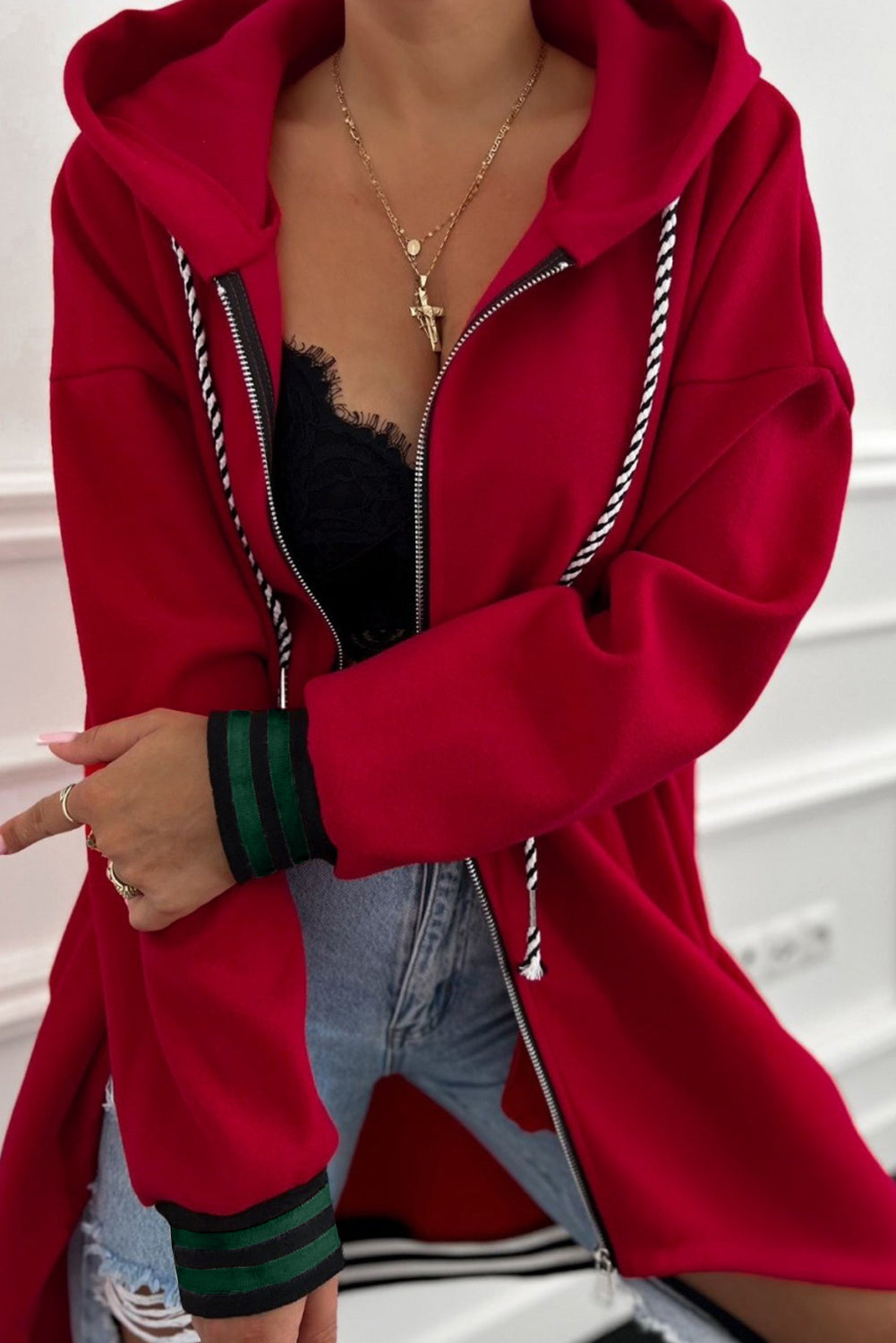 Racing Red Contrast Cuffed Drop Shoulder Zip up Tunic Hoodie