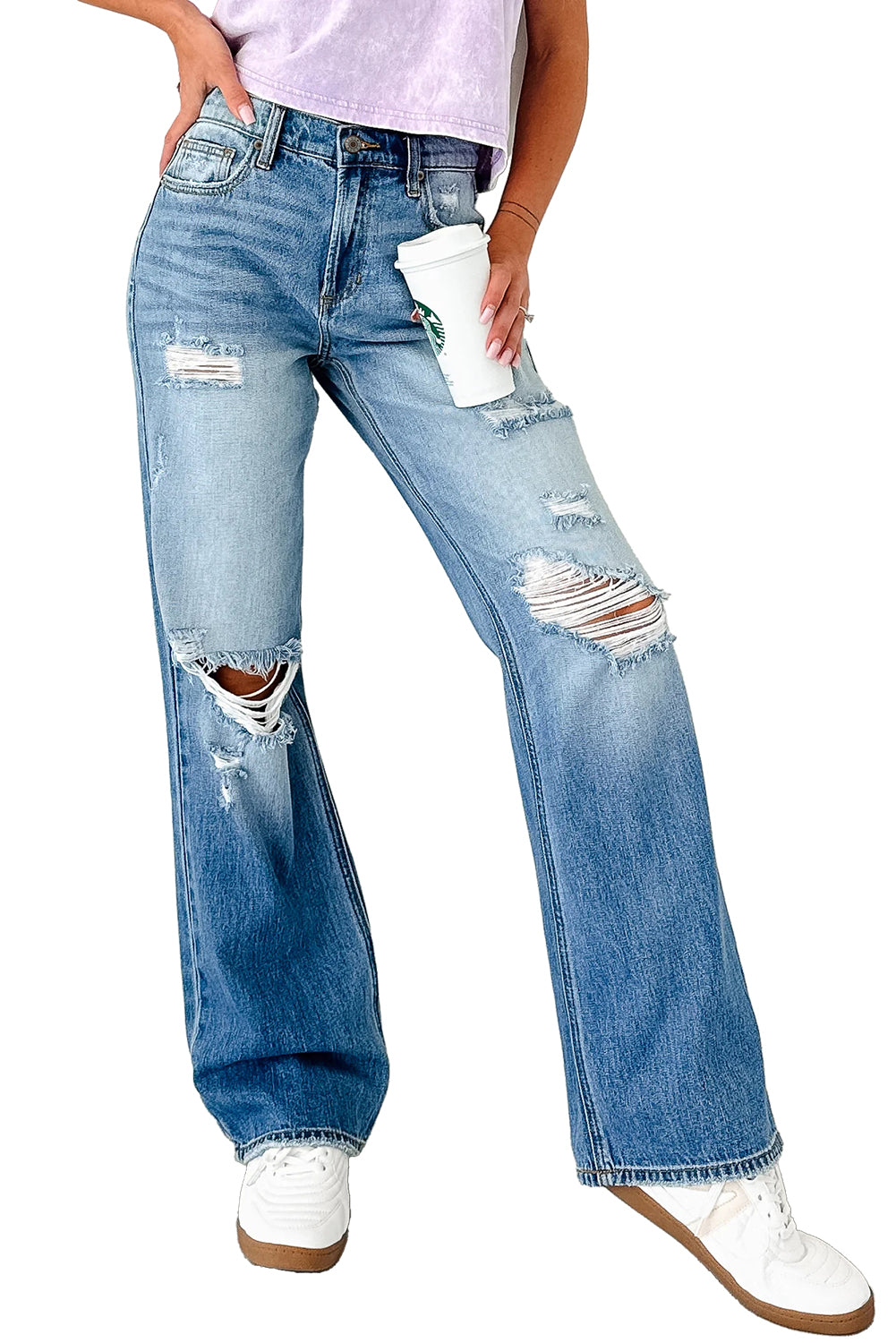 Myosotis Mid Rise Distressed Straight Leg Jeans