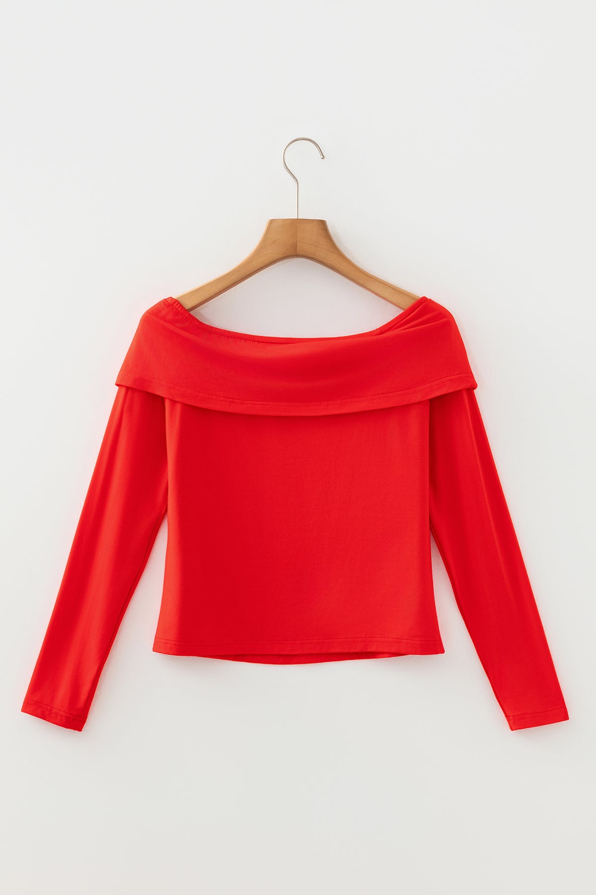 Smoke Gray Foldover Off Shoulder Long Sleeve Slim Top