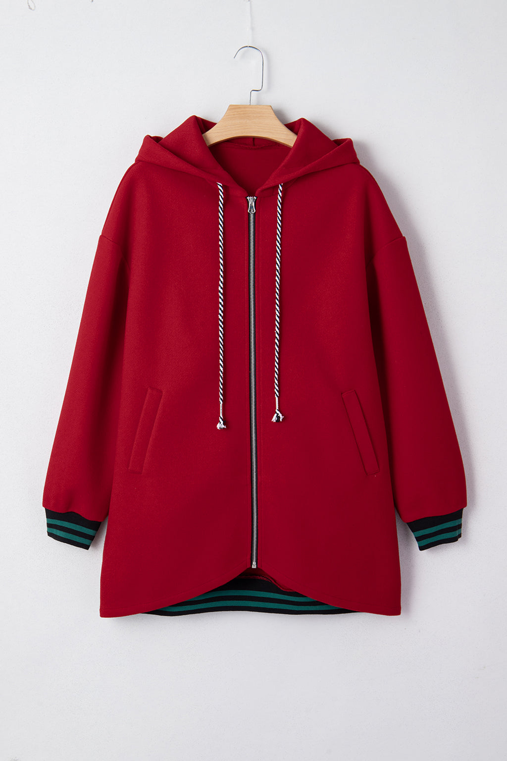 Racing Red Contrast Cuffed Drop Shoulder Zip up Tunic Hoodie