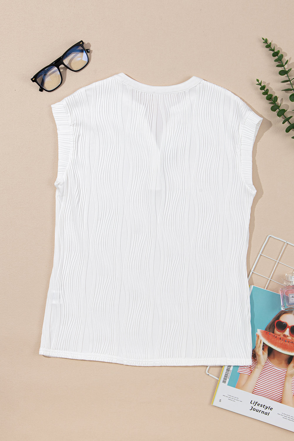 Pink Wavy Textured Button V Neck Tee