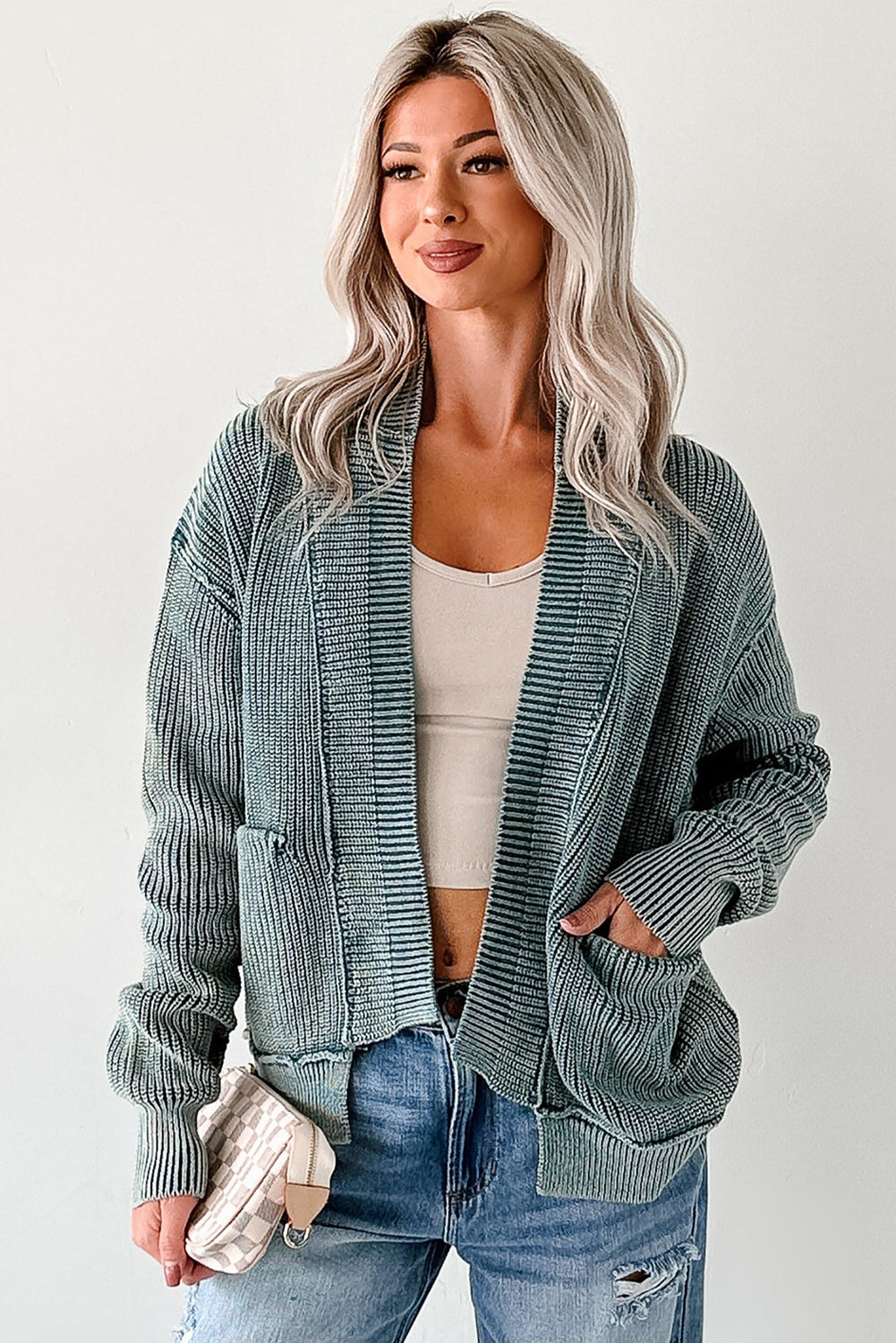 Dark Brown Mineral Wash Exposed Seam Patchwork Knit Cardigan