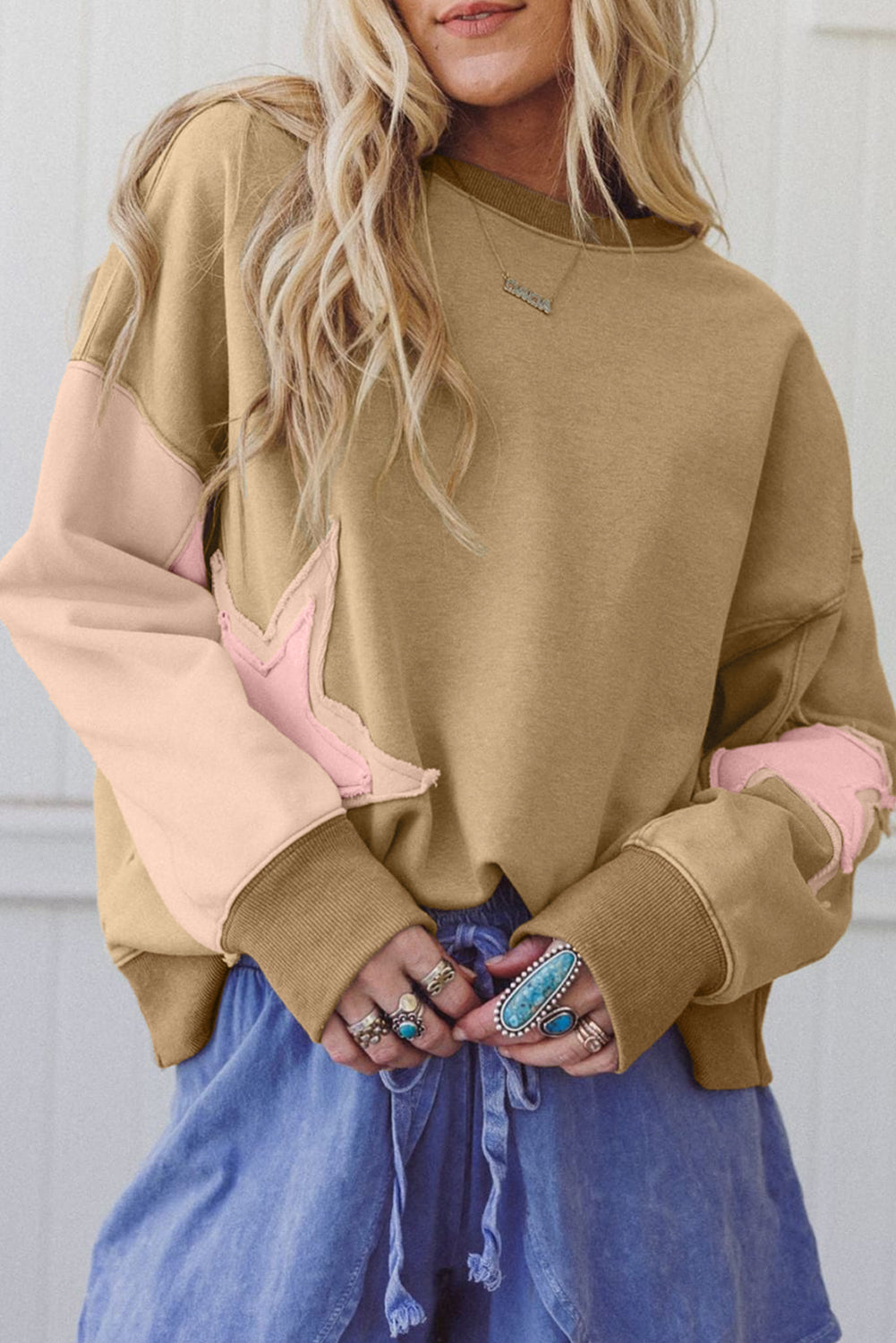 Rose Pink Star Patchwork Exposed Seam Uneven Hem Sweatshirt