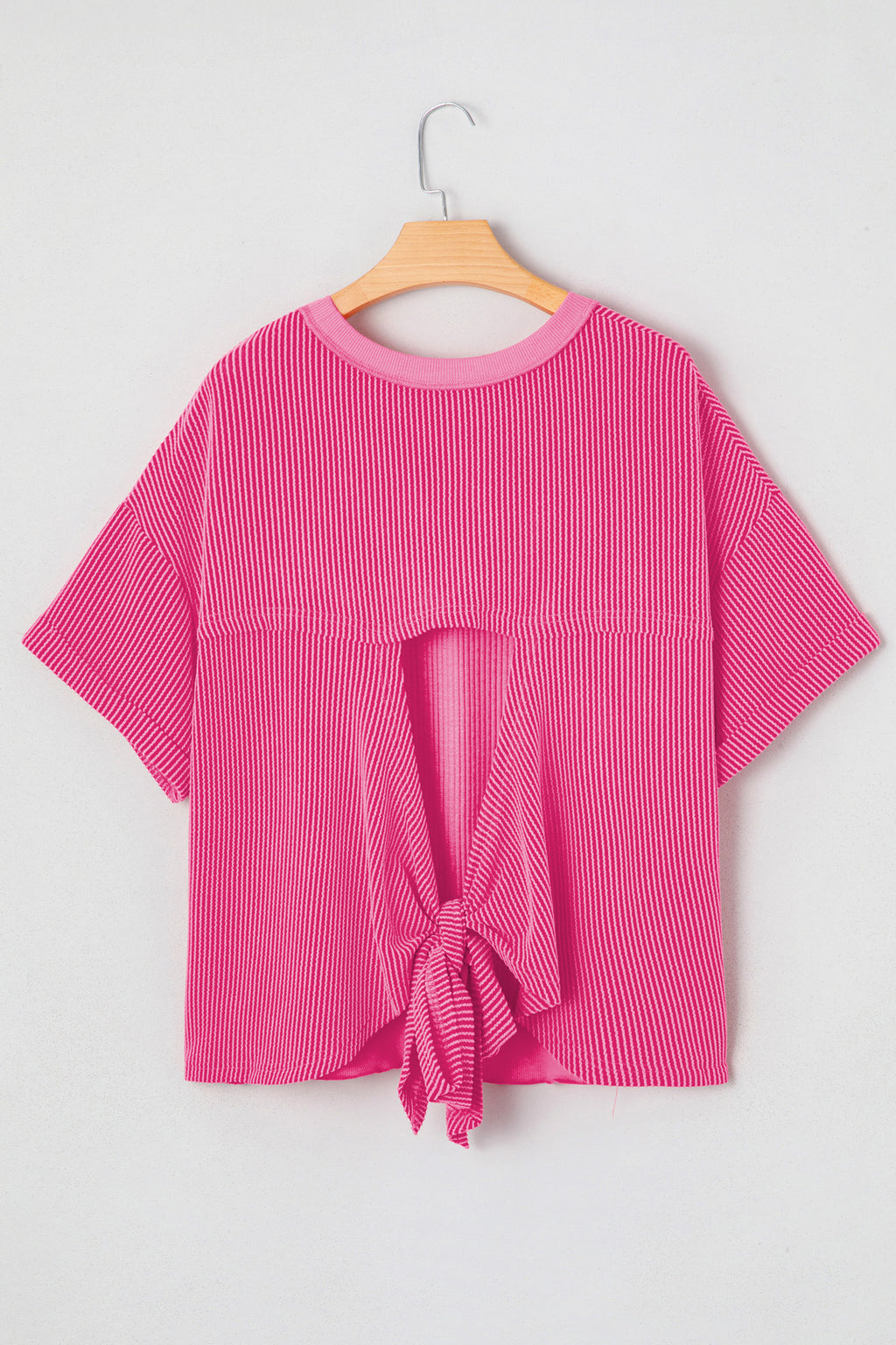 Rose Red Spiral Ribbed Cutout Bow Knot Back Oversize T Shirt