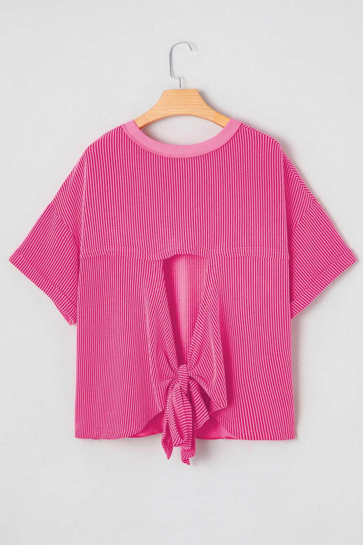 Rose Red Spiral Ribbed Cutout Bow Knot Back Oversize T Shirt