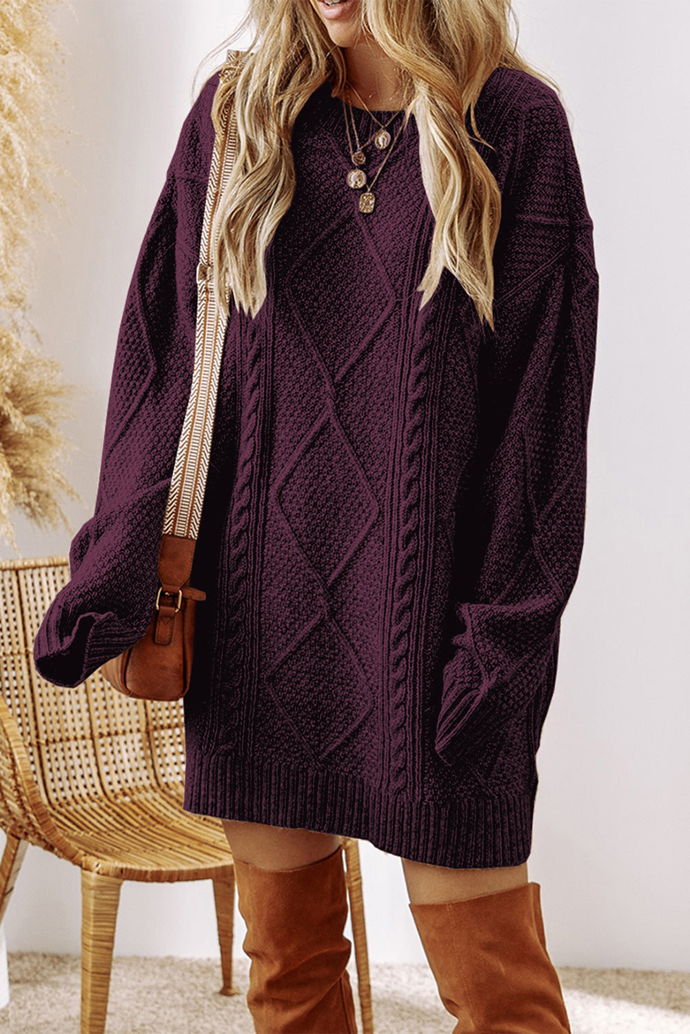 Coffee Twist Cable Knit Drop Shoulder Loose Fit Sweater Dress