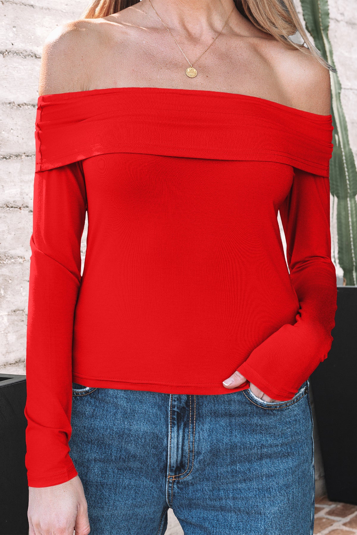 Smoke Gray Foldover Off Shoulder Long Sleeve Slim Top