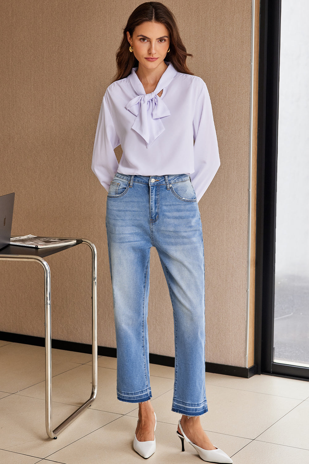 Dark Blue Whiskered Wash Raw Hem Cropped Jeans