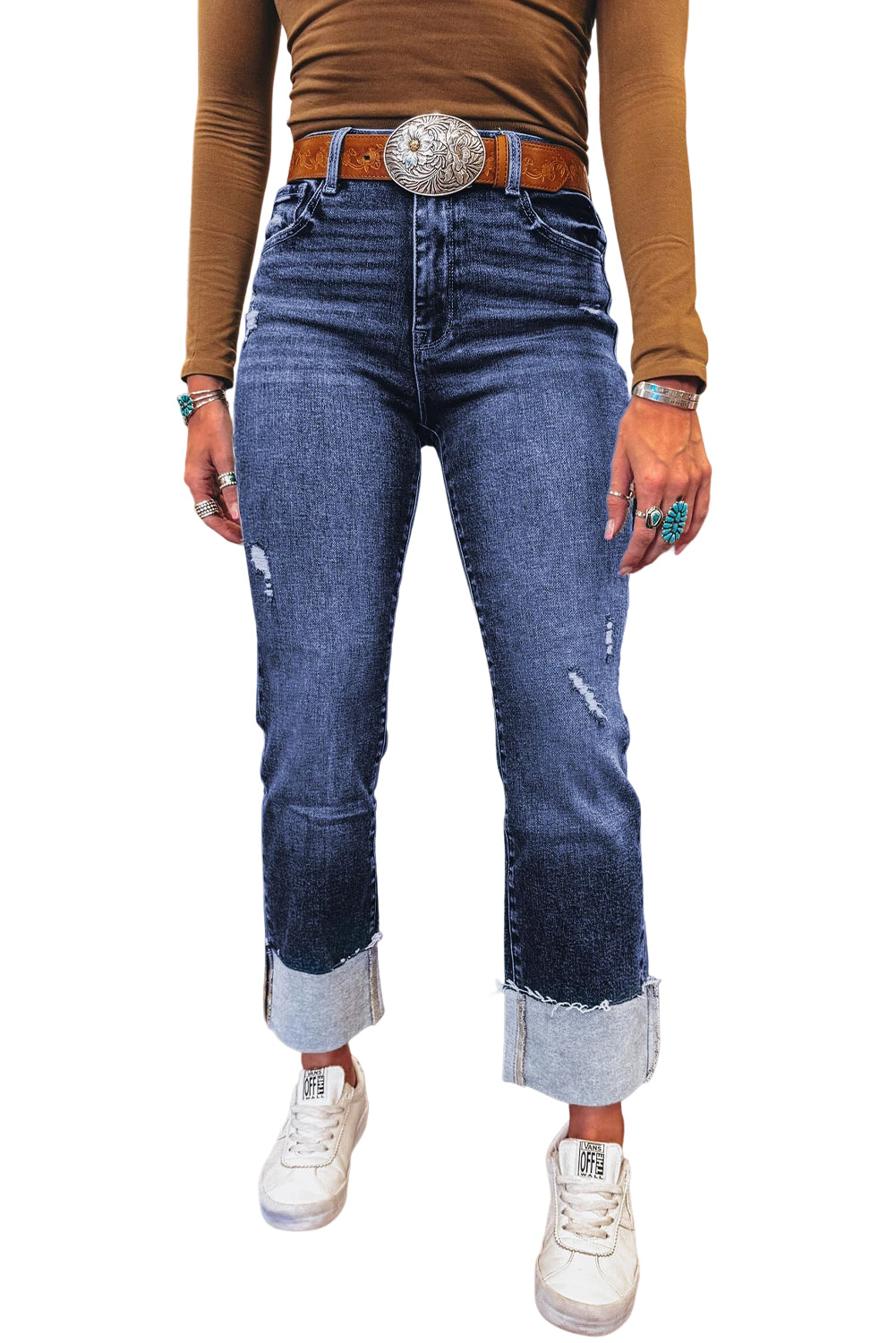 Real Teal Folded Cuffs Distressed High Waist Jeans
