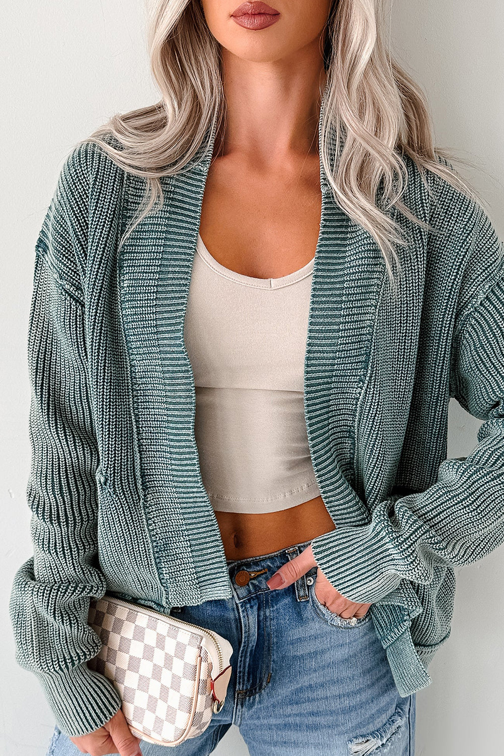 Dark Brown Mineral Wash Exposed Seam Patchwork Knit Cardigan