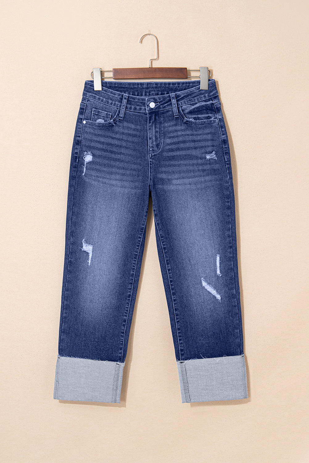Real Teal Folded Cuffs Distressed High Waist Jeans
