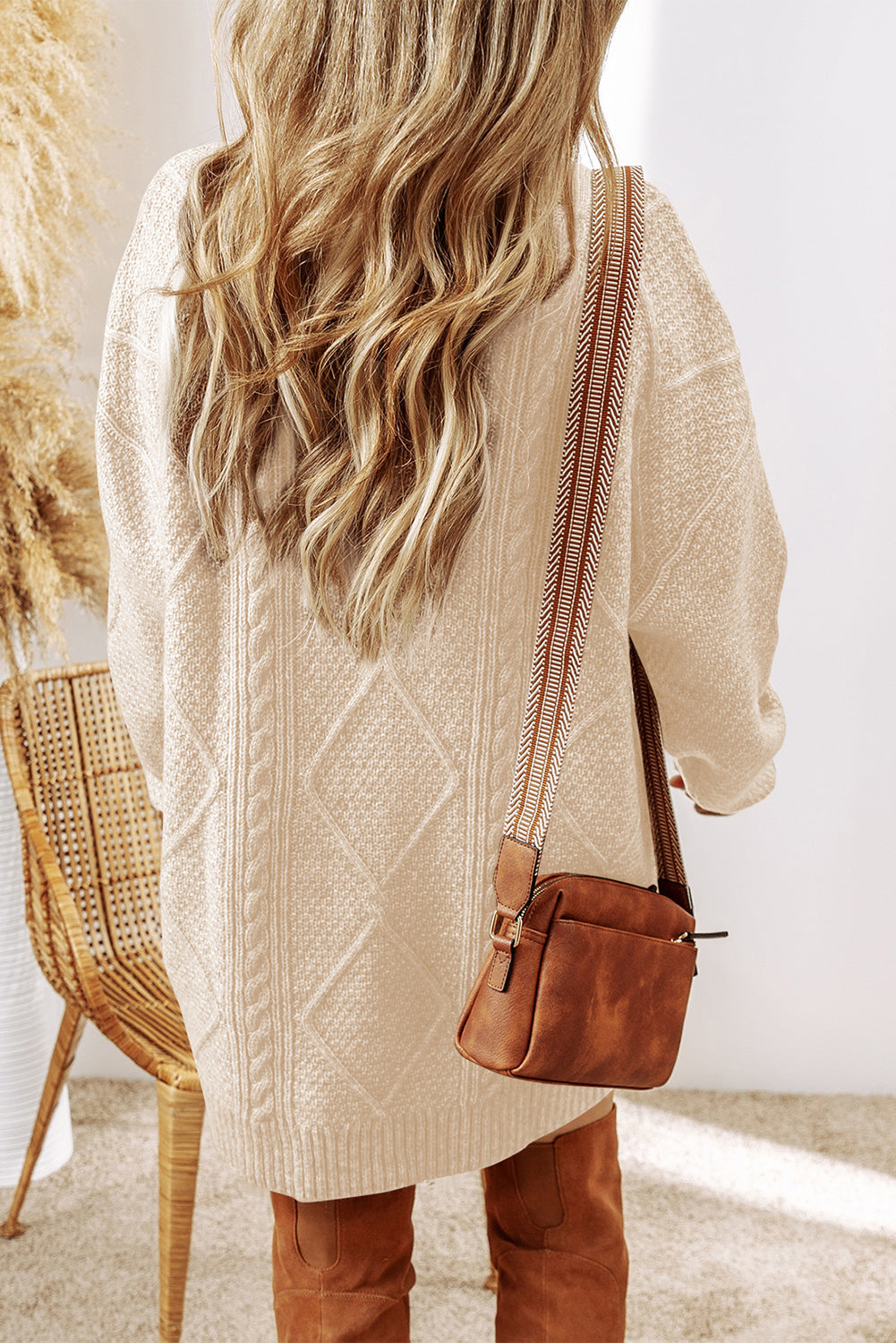 Coffee Twist Cable Knit Drop Shoulder Loose Fit Sweater Dress