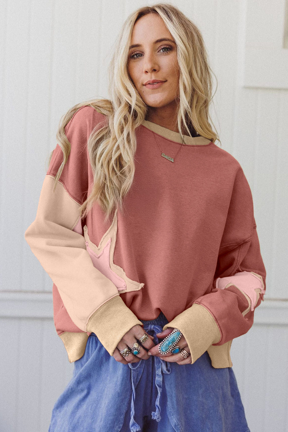 Rose Pink Star Patchwork Exposed Seam Uneven Hem Sweatshirt