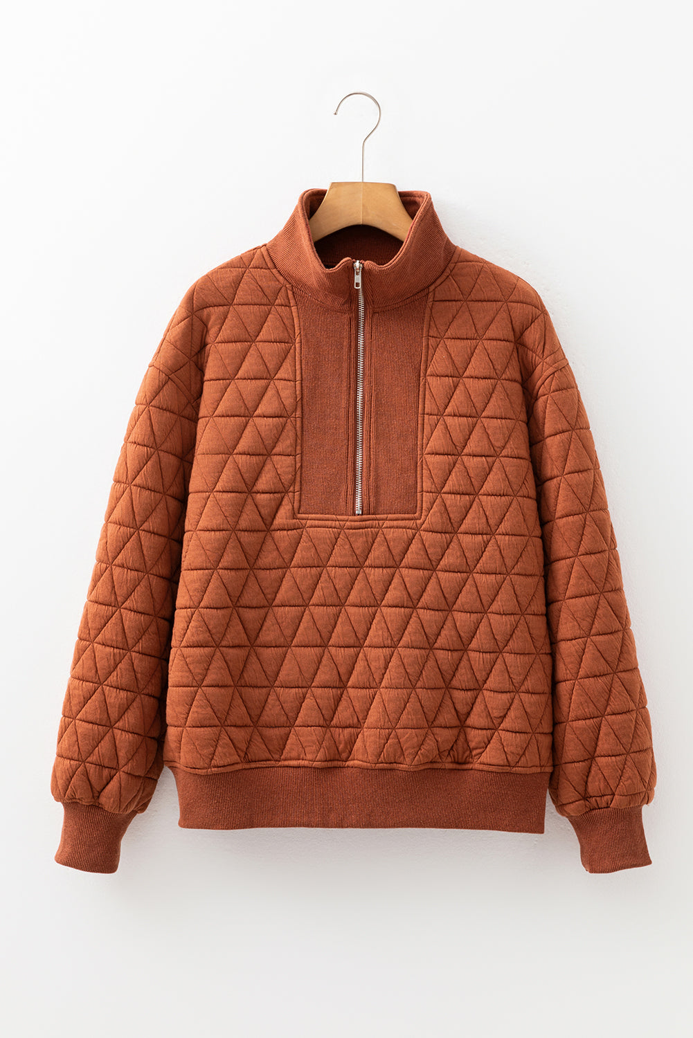 Straw Yellow Textured Zipper Neck Long Sleeve Pullover Sweatshirt