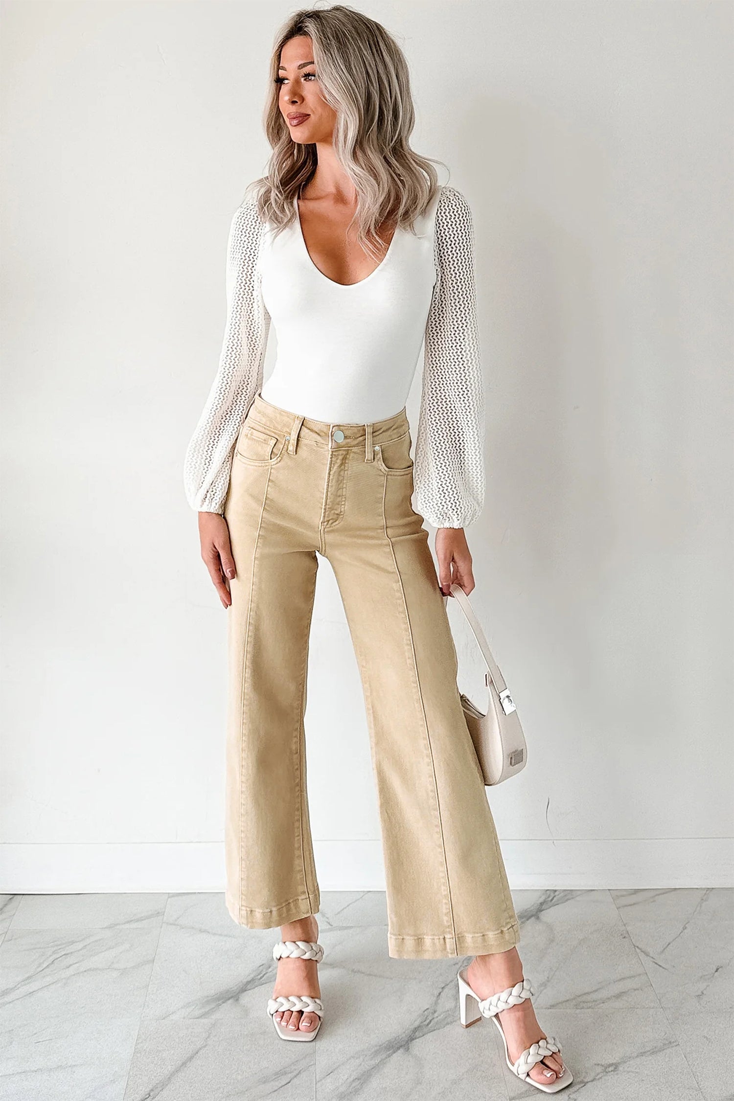 Red Sandalwood Solid Color Seamed Center Wide Leg Cropped Jeans
