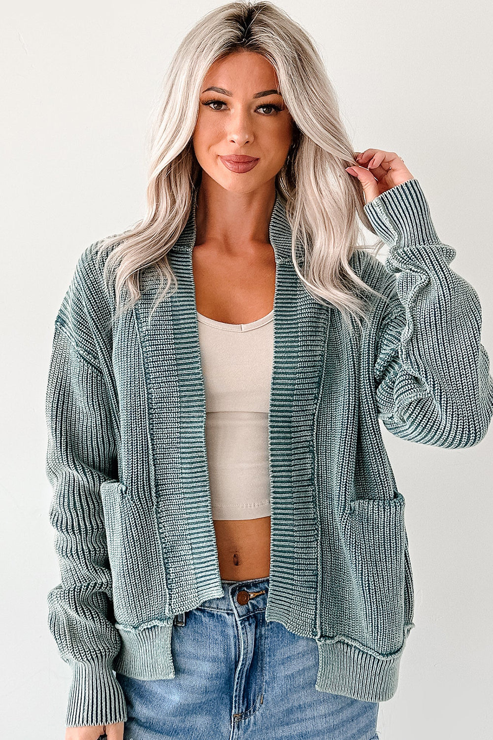 Dark Brown Mineral Wash Exposed Seam Patchwork Knit Cardigan