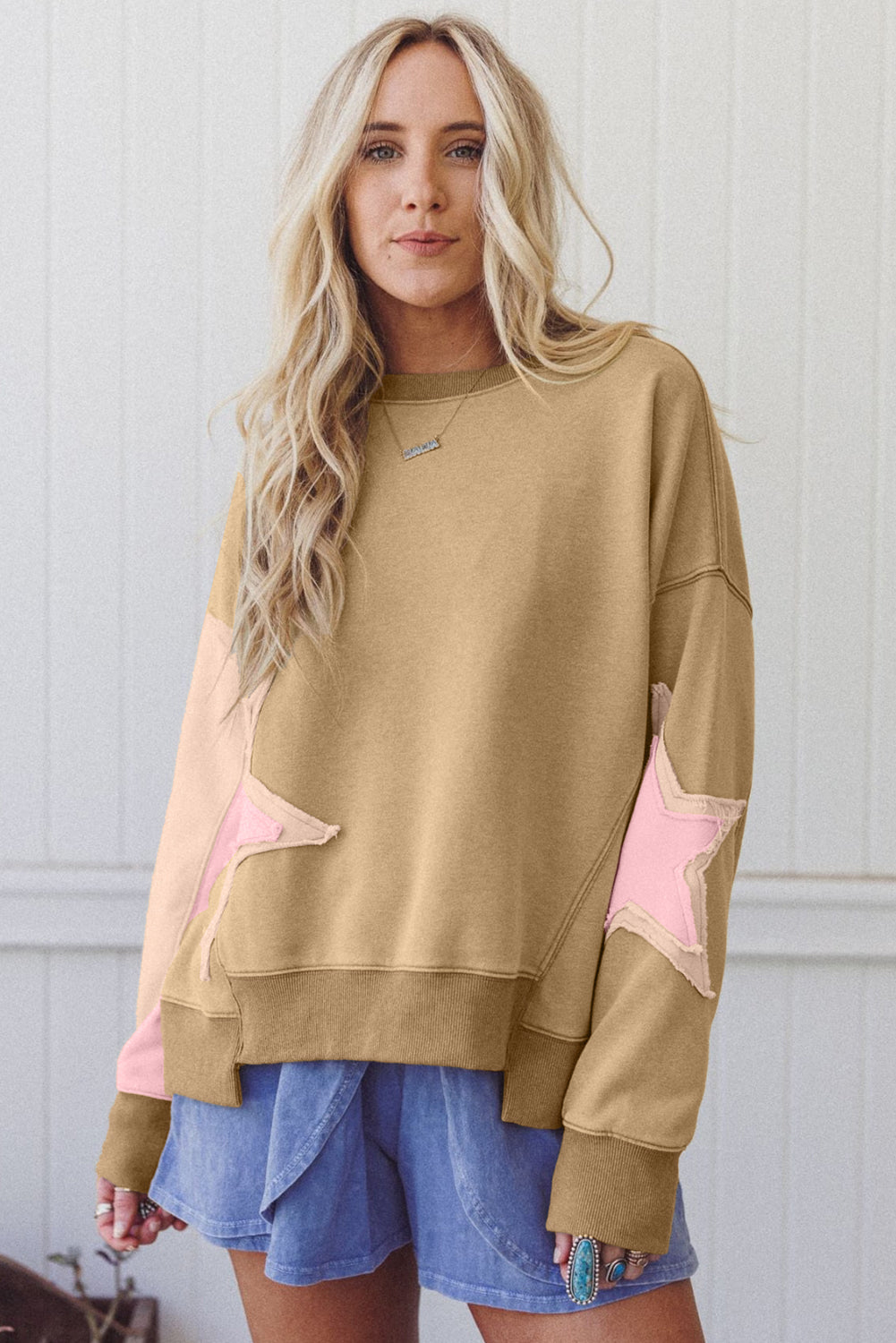 Rose Pink Star Patchwork Exposed Seam Uneven Hem Sweatshirt