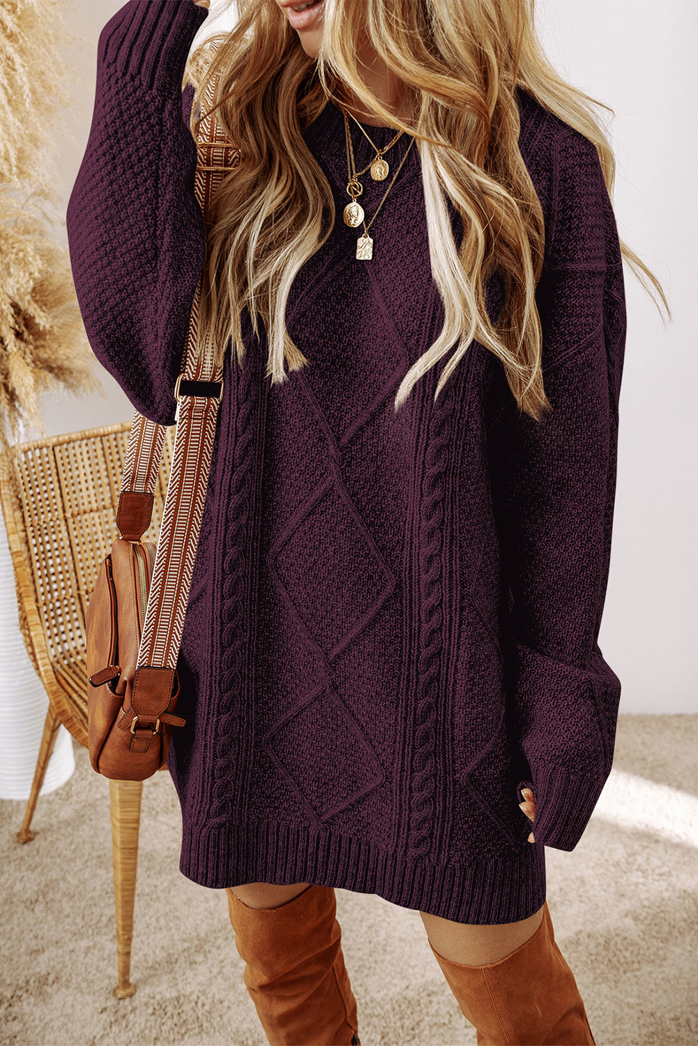 Coffee Twist Cable Knit Drop Shoulder Loose Fit Sweater Dress