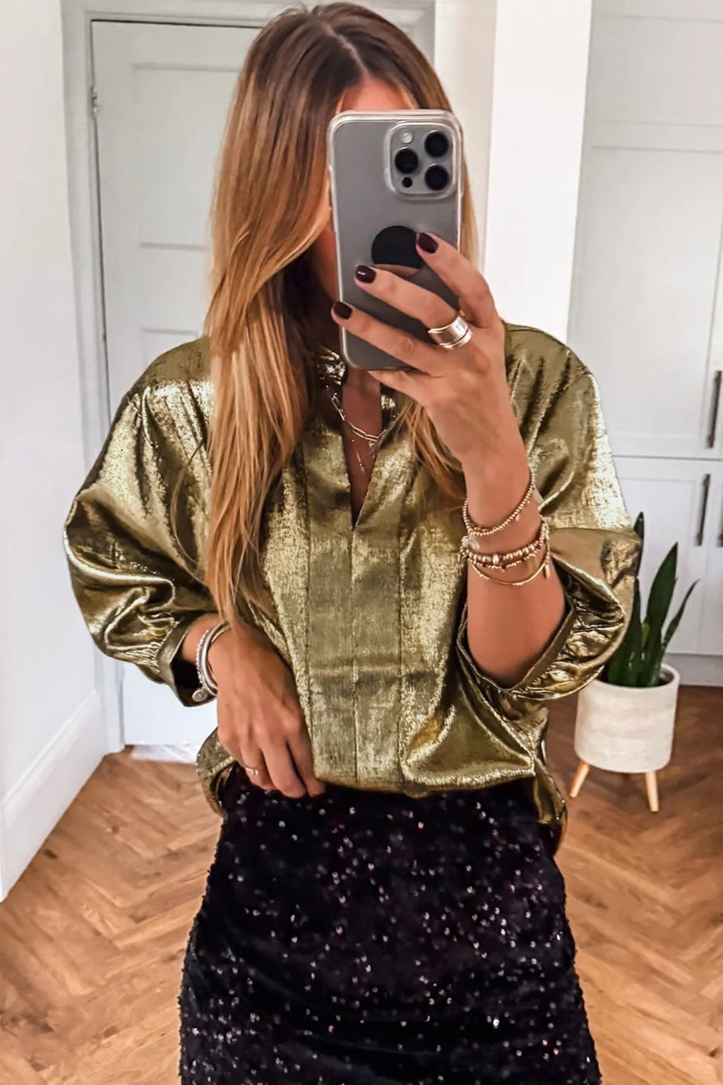 Gold Metallic Split Neck Half Sleeve Blouse