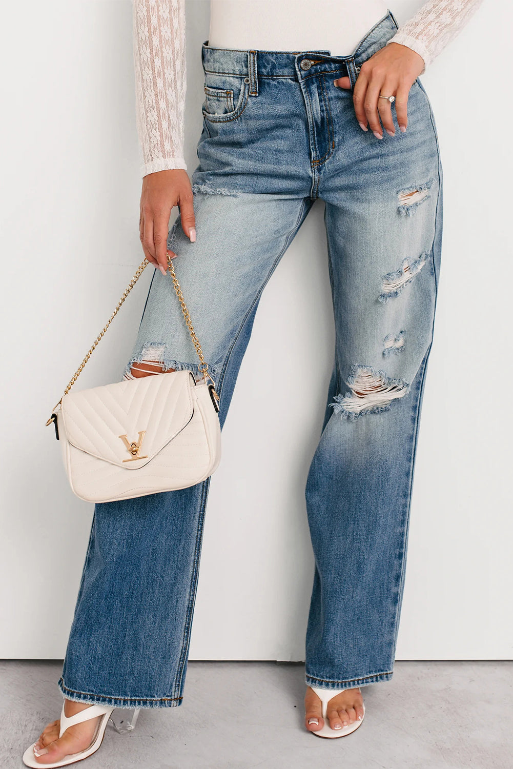 Myosotis Mid Rise Distressed Straight Leg Jeans