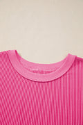 Rose Red Spiral Ribbed Cutout Bow Knot Back Oversize T Shirt