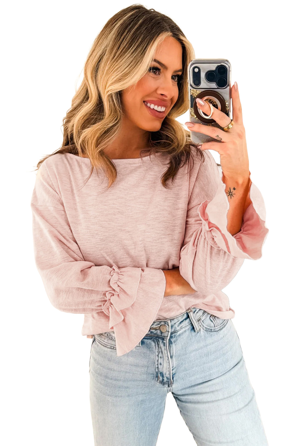 Gossamer Pink Long Sleeve Ruffle Cuff Casual Elegant Top