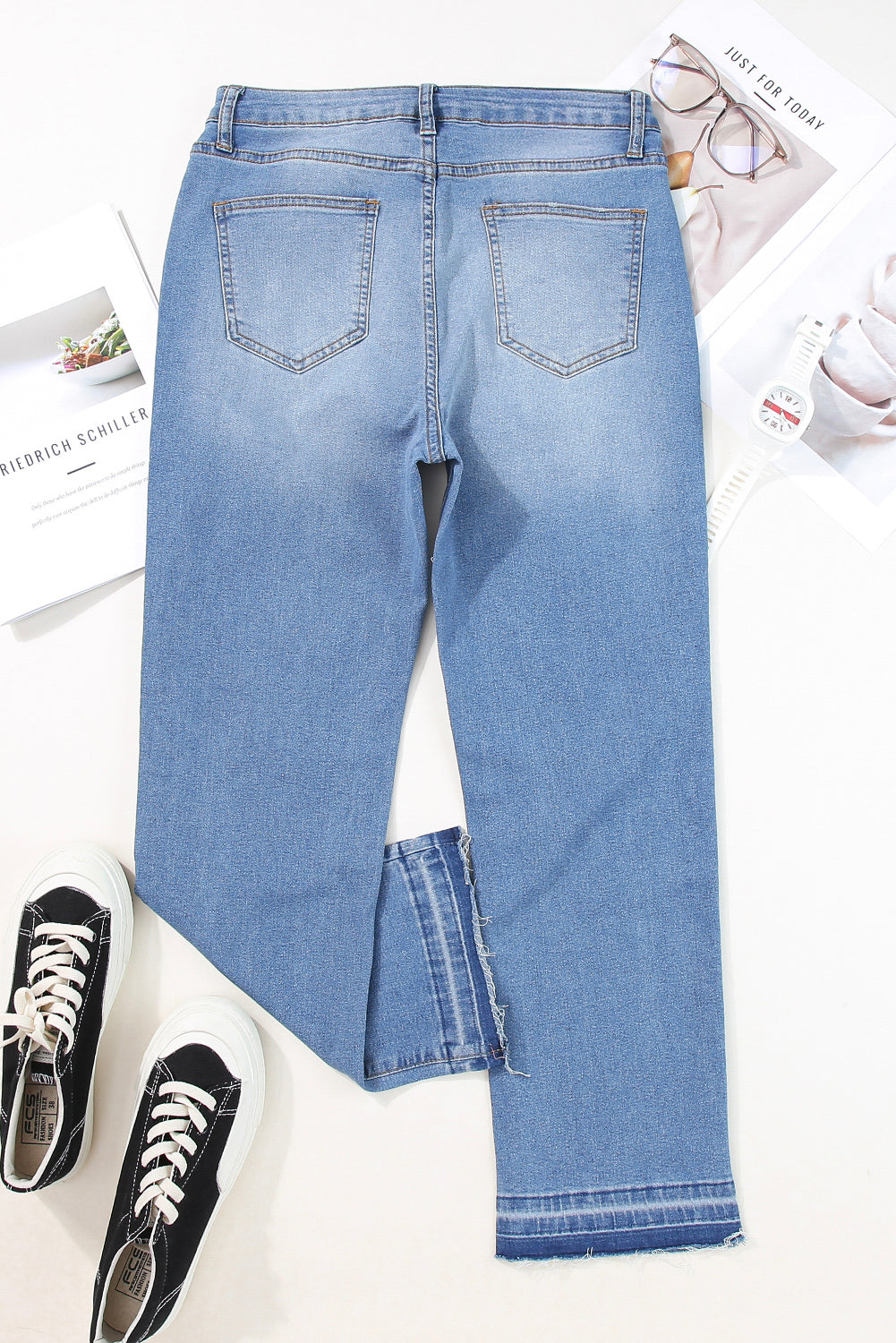 Dark Blue Whiskered Wash Raw Hem Cropped Jeans