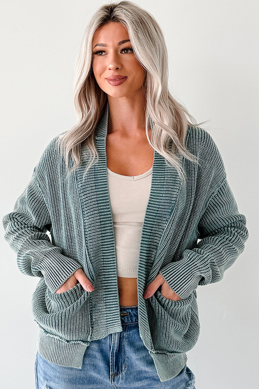 Dark Brown Mineral Wash Exposed Seam Patchwork Knit Cardigan