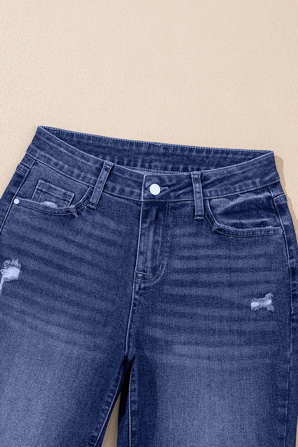 Real Teal Folded Cuffs Distressed High Waist Jeans