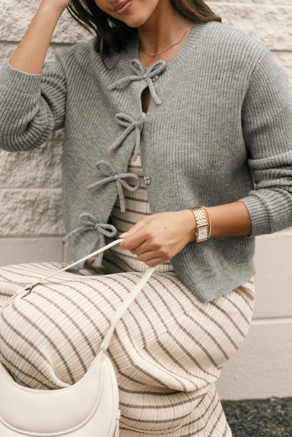 Philippine Gray Sweet Bow Front Cropped Knit Cardigan