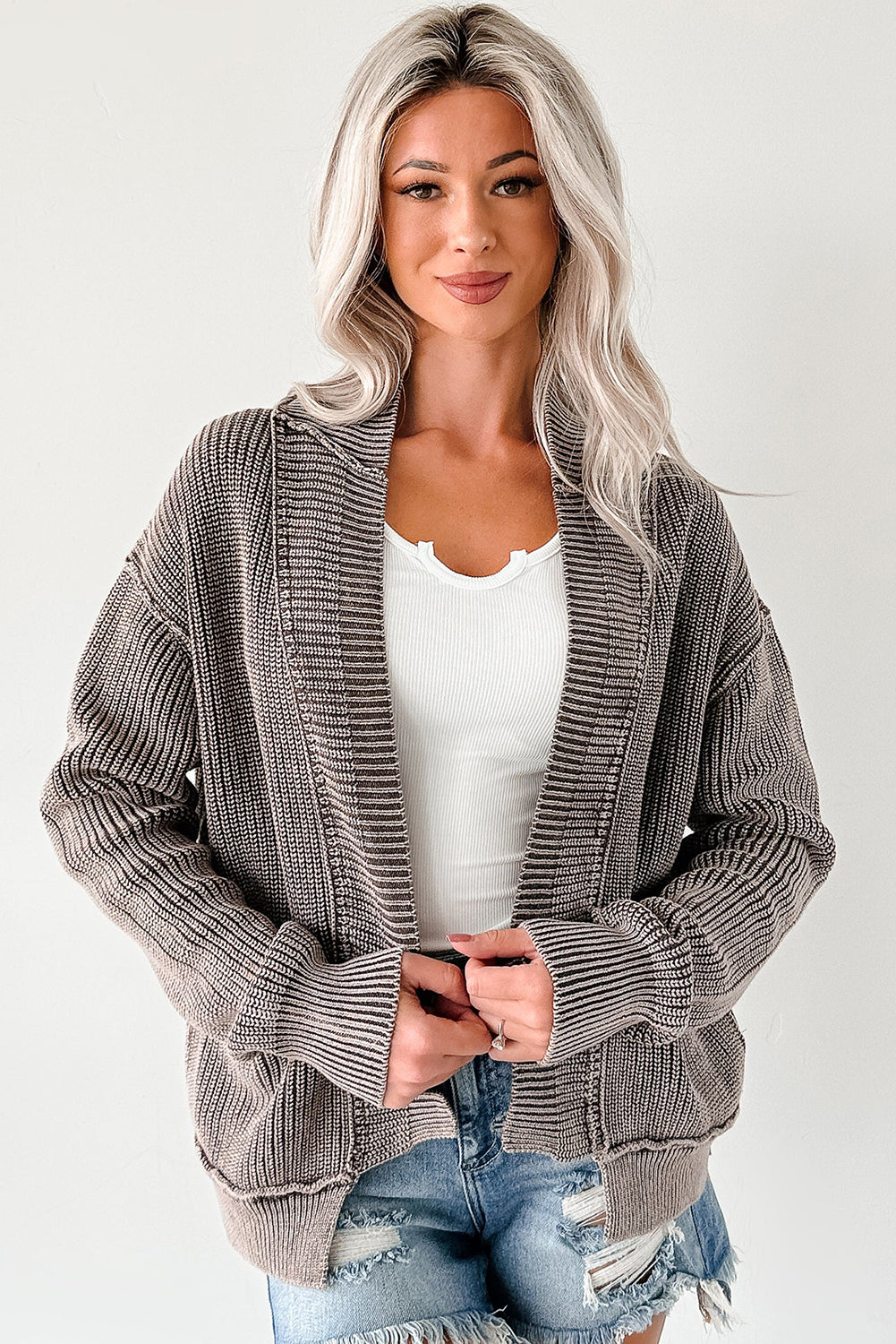 Dark Brown Mineral Wash Exposed Seam Patchwork Knit Cardigan